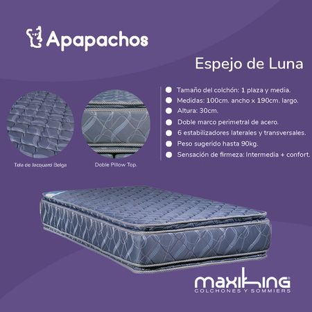 Colchon Maxiking Espejo de Luna 1 Plaza y Media 100x190x30 de Resortes Bonnell Doble Pillow de Jackard