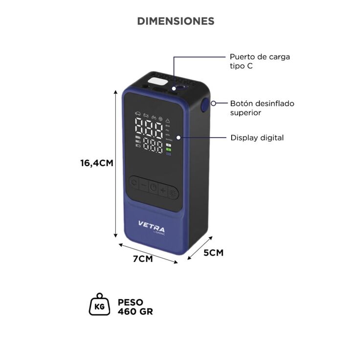 Inflador Portátil Vetra By Gadnic 150 PSI Digital Bateria Recargable Función Desinflado Linterna LED - Vista 6