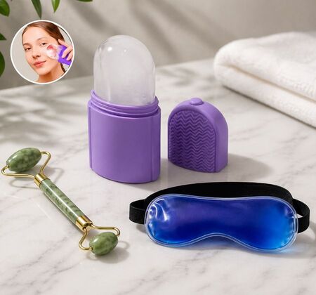 Spa Kit: masajeador jade + rodillo facial gel+ antifaz gel