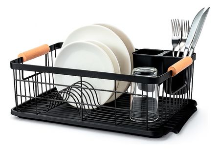 Escurre Plato Con Bandeja y Cubiertero Negro Hogar Actual