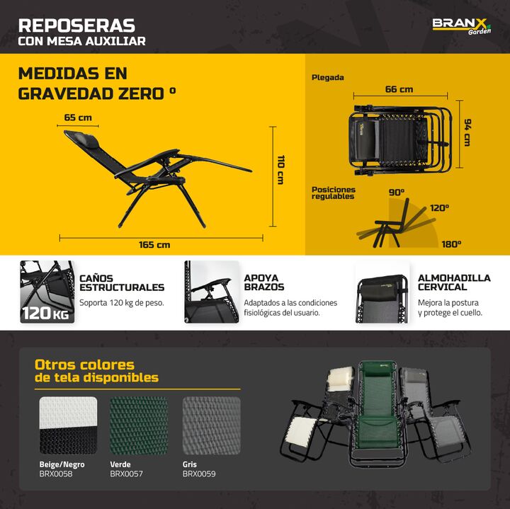 Reposera Plegable X2 Branx Gravedad Cero Con Mesa Auxiliar - Vista 4