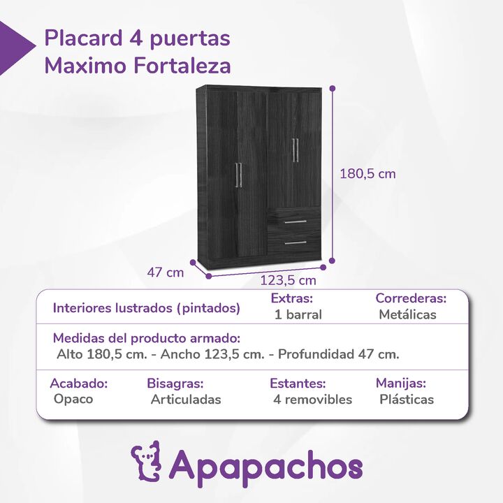 Placard Ropero Reforzado de 4 Puertas 2 Cajones Grafito Teca Maximo Fortaleza - Vista 3