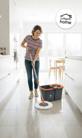 Mopa centrifuga con balde doble escurridor con palo telescópico y 4 paños de repuesto