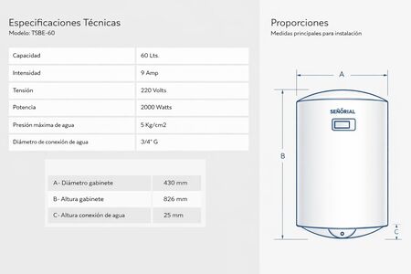 Termotanque Electrico Digital Señorial 60L Carga Inferior TSBE-60