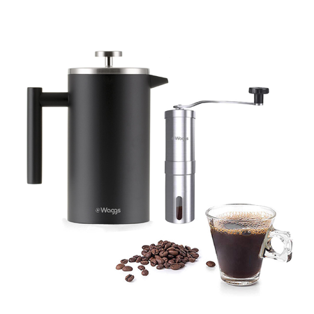 Set Cafetera Prensa Francesa y Molinillo Manual AInox Waggs Negro