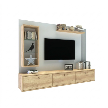 Panel Delos Rod 3 Puertas TV 60" Espejo Roble Blanco