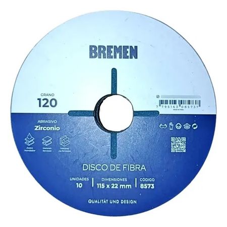 Disco de Fibra Bremen 115mm Grano 120 Zirconio 10 Unidades