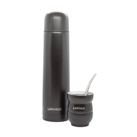 Set Termo Mate 3 Piezas Bombilla Larhaus Iguazu Acero Inox Negro