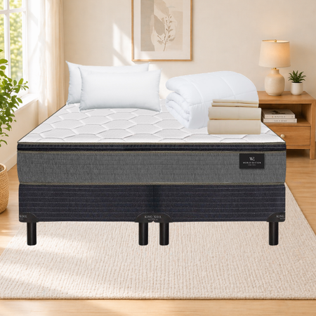 Colchón + Sommier Resortes Super Queen King Koil Finesse 160x200 + Acolchado + Sabana + Almohadas