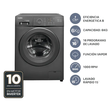 Lavarropas Automatico Bgh Inverter Bwfe06S24Ar 6Kg 1000Rpm Gris