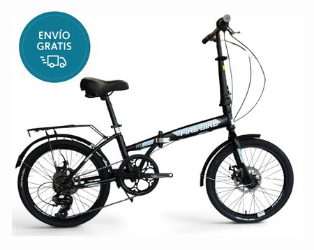 Bicicleta Plegable Fire Bird Rect _Negro-Celeste _Cuadro de acero _Freno a disco _6vel _  Rodado 20”