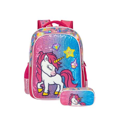 Mochila Escolar Reforzada + Cartuchera Kawaii Unicornio Peluche Nena Primaria