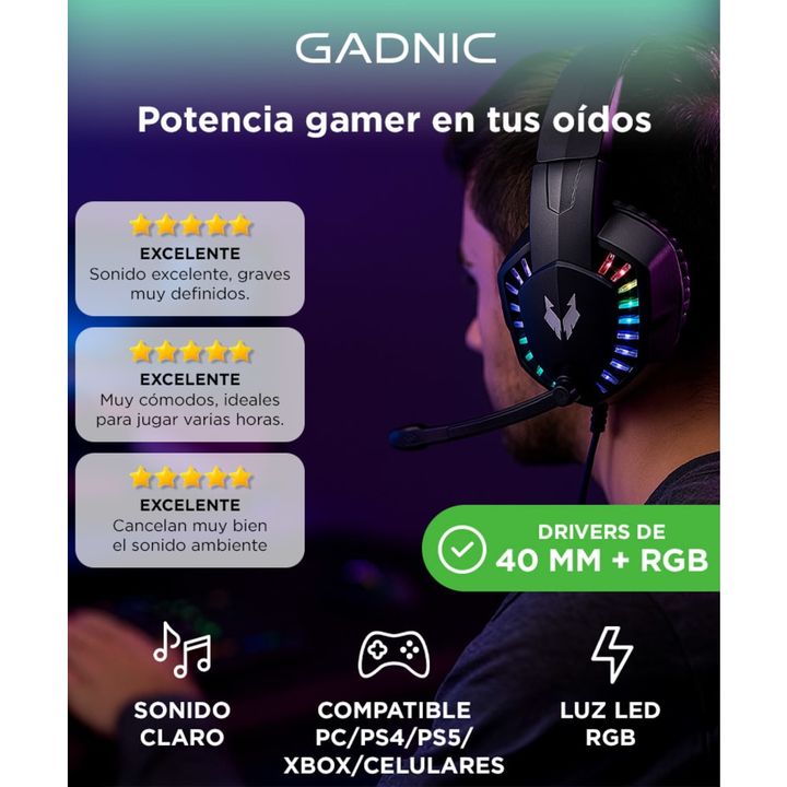 Auricular Gamer Gadnic A3000 RGB Compatible Pc Play Consolas - Vista 2