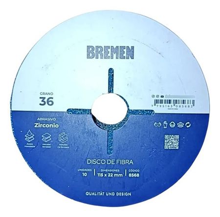 Disco de Fibra Bremen 115mm Grano 36 Zirconio 10u