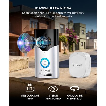 Timbre Inteligente Inalambrico Srihome DH002 4MP Wifi Con Camara HD Vision Nocturna Audio Bidireccional