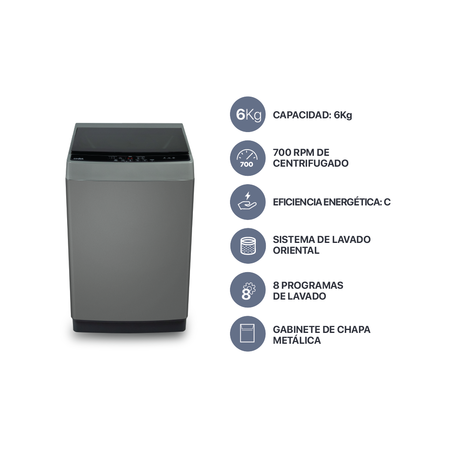 Lavarropas Automático Carga Superior 6 kg 700 RPM Metal Gris Codini - AIAS6007G