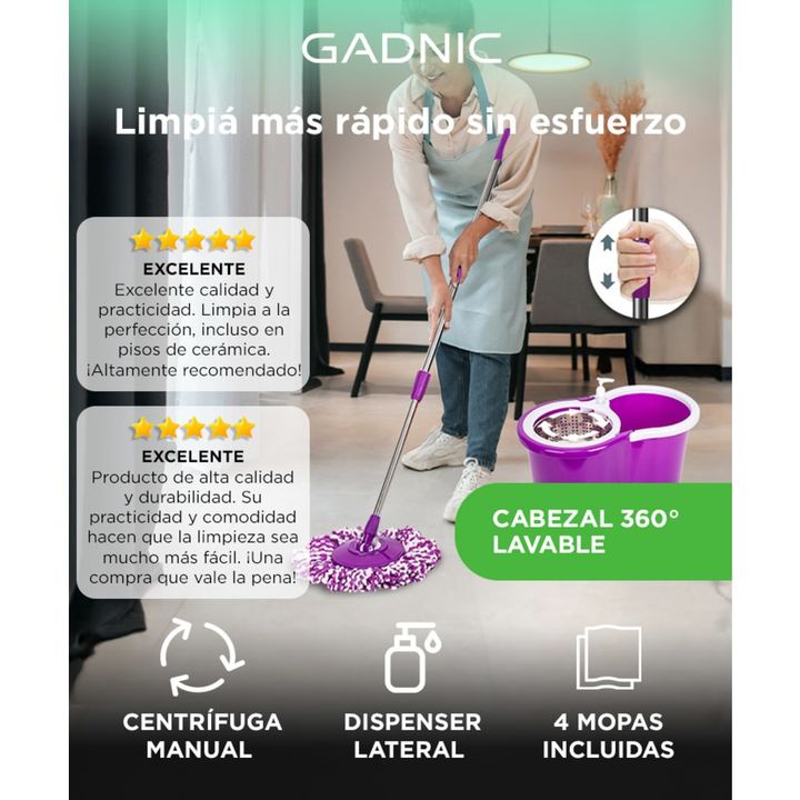 Mopa Gadnic G-Mop333 360° con Balde Centrífugo y Dispenser + 4 Paños - Vista 2