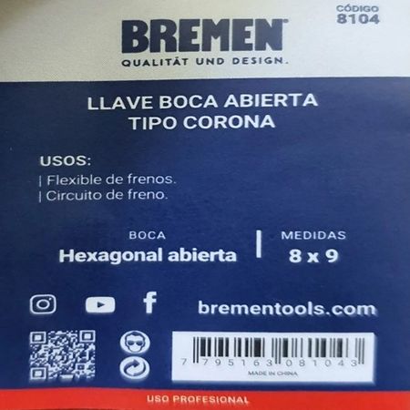 Llave de Frenos Bremen 8 x 9 Milimetros
