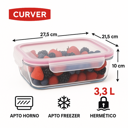 Hermetico Contenedor Vidrio Taper Horno Freezer 3,3 Lts Grande Curver