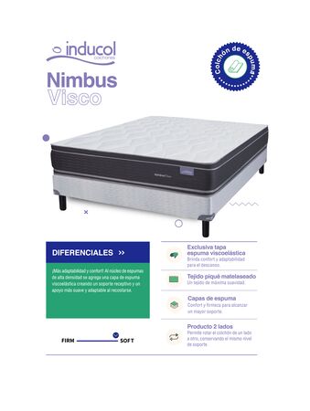 Colchon y Sommier Inducol Nimbus Visco 2 Plazas y media 140x190x26 Espuma de Alta Densidad Doble Pillow Viscoelastico