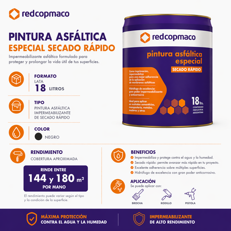 Pintura Asfáltica 18 Litros Impermeabilizante Negro Secado Rápido Copmaco Protección Techos Muros Cimientos