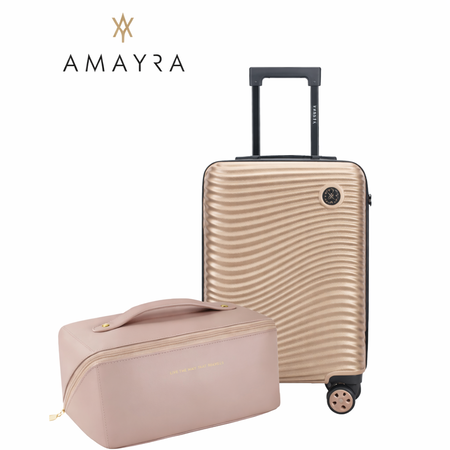 Valija carry on Amayra taupe candado con neceser portacosmeticos