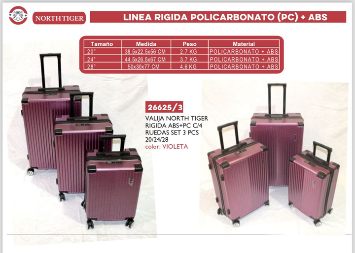 Set X 3 Valijas North Tiger Policarbonato Pc+abs C/4 Ruedas - Vista 1