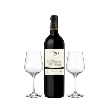 Set Vino Tinto Petit Caro Cabernet Sauvignon Malbec y 2 Copas Con Estuche