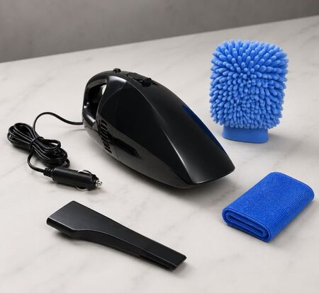 Aspiradora para auto + manopla microfibra + paño multiuso