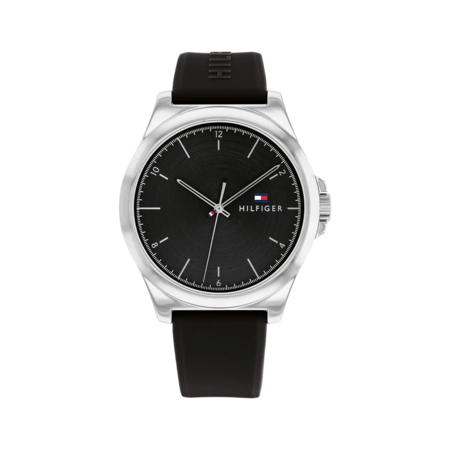 RELOJ ANALÓGICO TOMMY HILFIGER - CAJA CUARZO GRIS ESFERA NEGRA MALLA SILICONA (RTH0764)