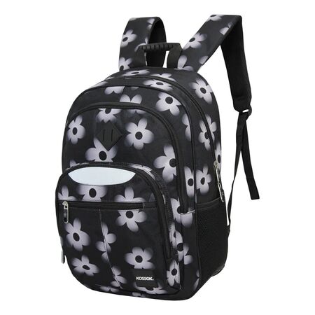Mochila Kossok Mystic Escolar Porta Laptop Reforzada Negro Flores Floreado
