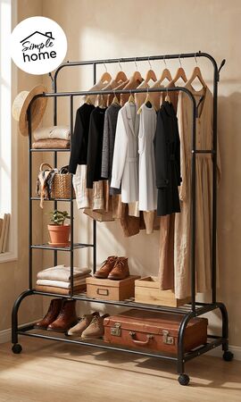 Perchero con ruedas Organizador con Doble Barral y 4 Estantes + Base Porta Calzados  