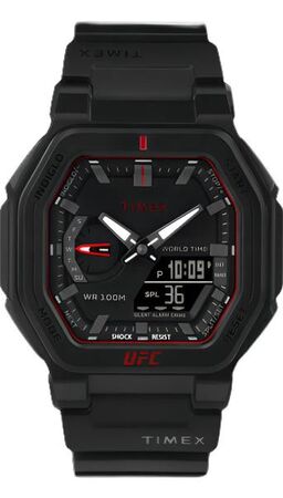 RELOJ ANALOGO-DIGITAL TIMEX UFC, CUADRADO, TODO NEGRO CON ROJO, 45 MM (RTX0659) (TW2V55200)