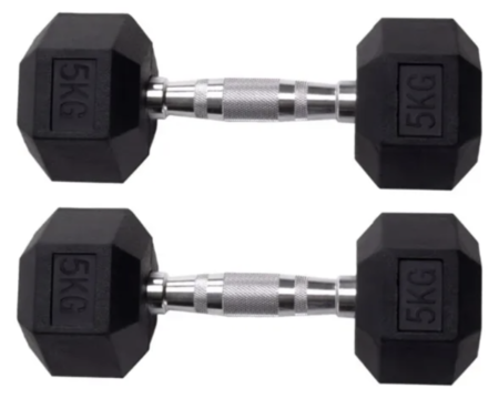 Par de pesas mancuernas hierro cromadas engomadas premium 5 kgs c/u  + kit de regalo