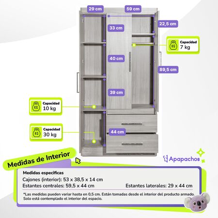 Placard Ropero Marfil 3 Puertas 2 Cajones Reforzado Maximo Fortaleza