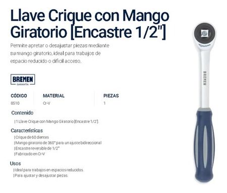 Llave Crique Bremen 1/2 Pulgada con Mango Giratorio