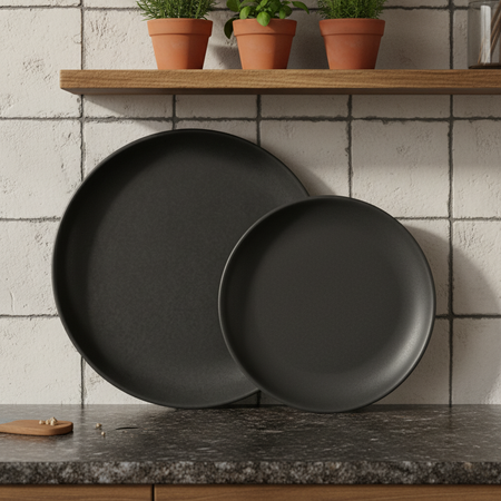 Vajilla 12 Piezas Plato Playo Poste Ceramica Gris Oscuro Mate