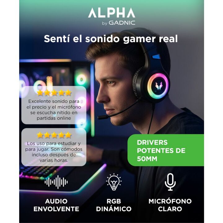Auriculares Gamer Alpha A9000 Play Micrófono Luz RGB Cancelación Sonido - Vista 2