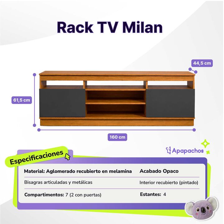 Rack para TV Reforzado 2 Puertas y 3 Estantes Grafito Teca Maximo Milan - Vista 3