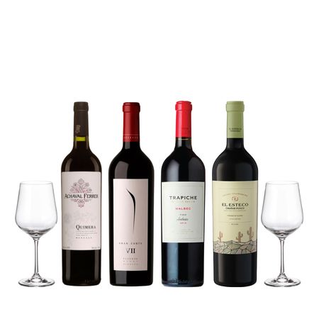 Vino Tinto Set Blends Premiados Seleccion x 4 y 2 Copas Con Estuche