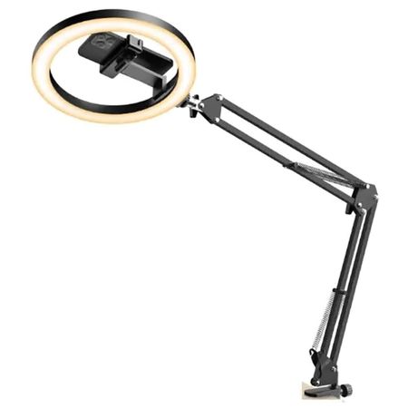 Orbilux F-619. Aro de luz LED de 10" con brazo de escritorio y soporte para celular