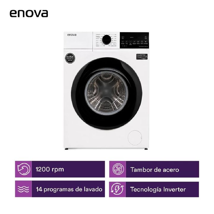 LAVARROPAS AUTOMÁTICO E-NOVA LE-06F12BL 6.5 KG 1200 RPM CARGA FRONTAL INVERTER BLANCO - Vista 2