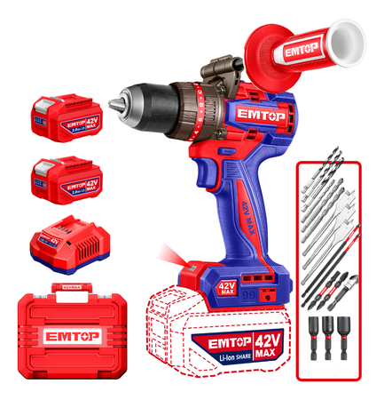 Taladro De Impacto Inalambrico 42v Emtop +bateria Y Cargador Rojo 50