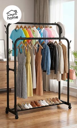 Perchero Movil De Pie con Doble Barral y Base Porta Calzados  