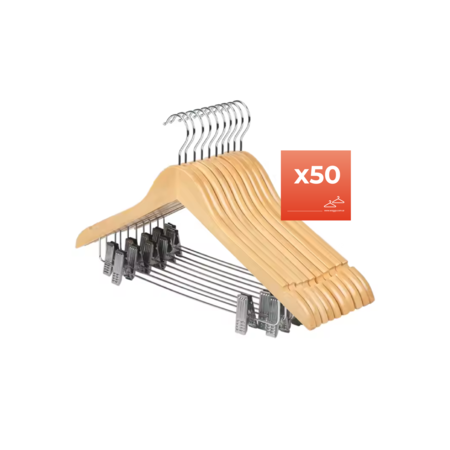 Pack 50 Perchas Madera Barnizada Lustrada Con Ganchos Waggs