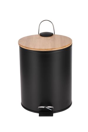 Cesto Residuos Acero Negro 5 Lts Tapa Bambú Hogar Actual
