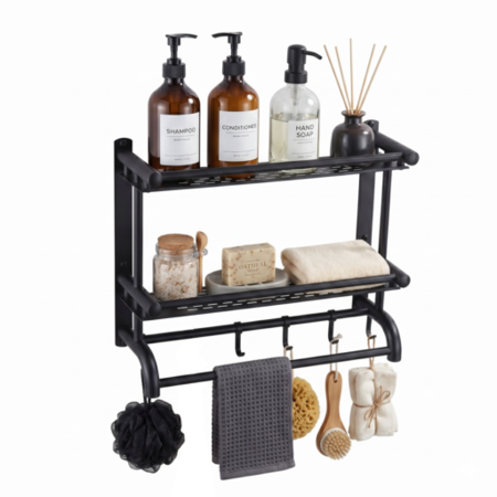 Organizador De Baño Dos Estantes Toallero Acero Inoxidable Waggs Negro