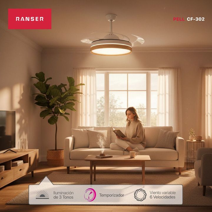 Ventilador de Techo Retractil RANSER PELL 35W Luz LED CF-302 Nordico Madera Blanco - Vista 2