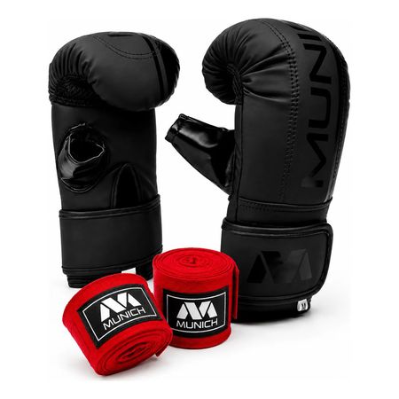 Kit Guantines De Boxeo Woskin Pulgar Libre + Vendas Band 5m S Negro
