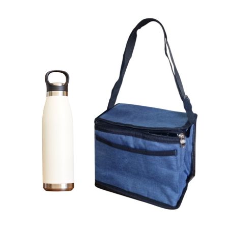 Set Vianda lunchera escolar conservadora azul  botella termica acero blanca